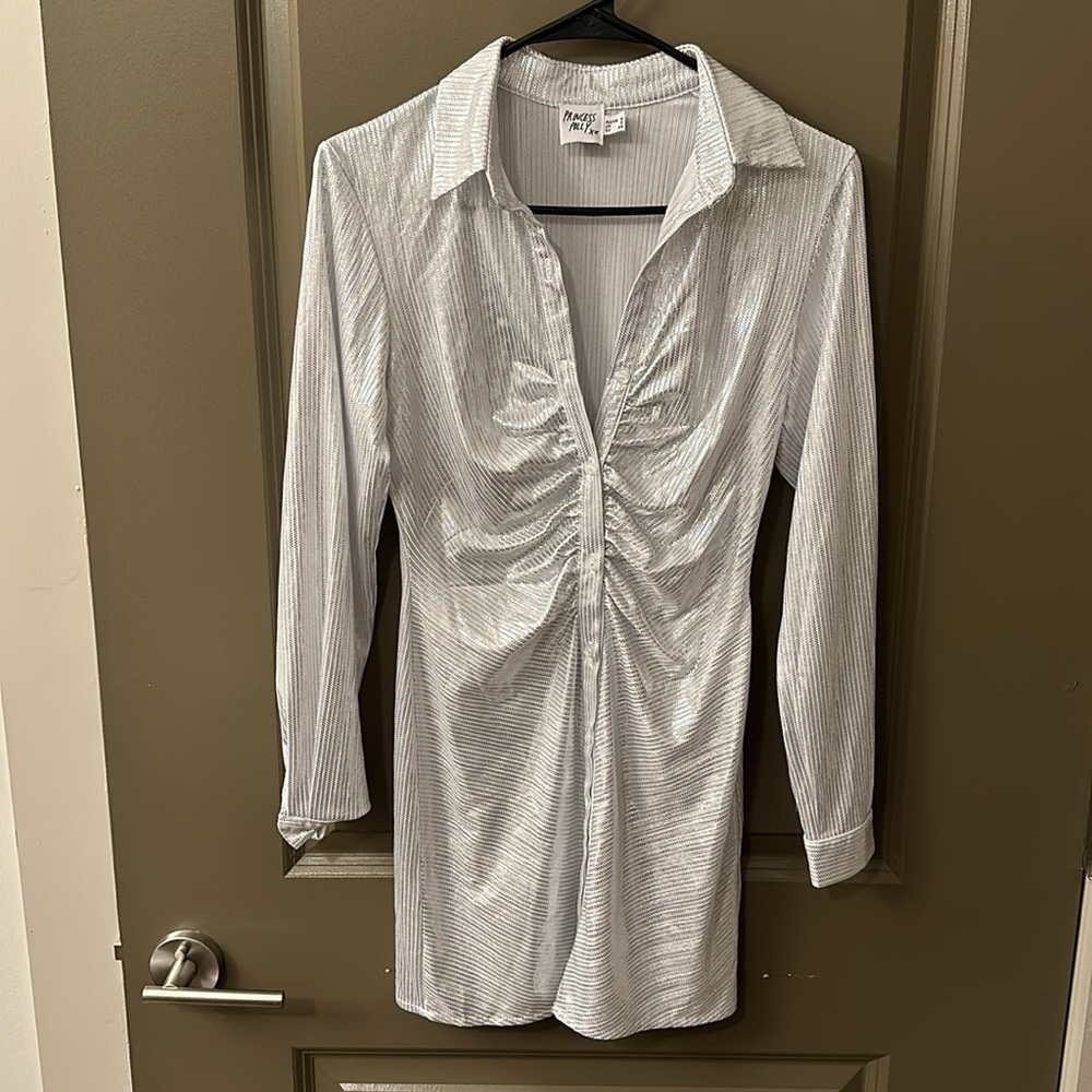 US 2 Princess Polly silver long sleeve silver dress with buttons up the front